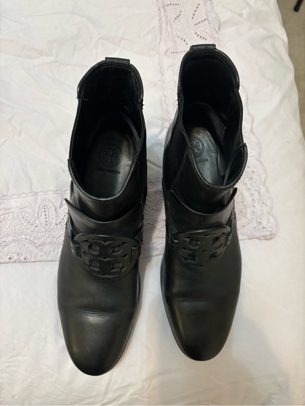 Tory Burch Black Leather Ankle Booties with Logo Medallion